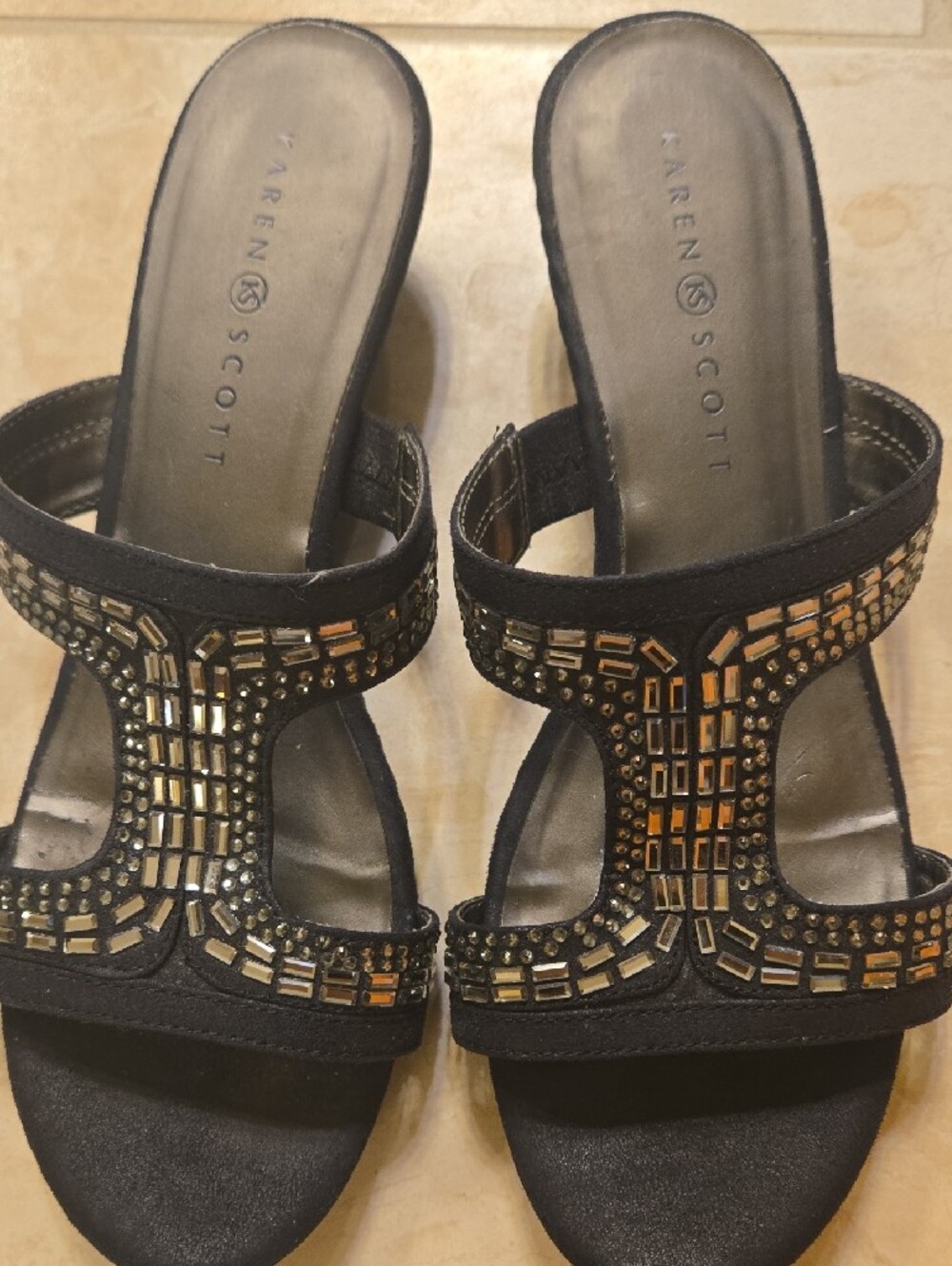 Karen Scott Black Slide Sandals with Silver Mirror Bead Accents